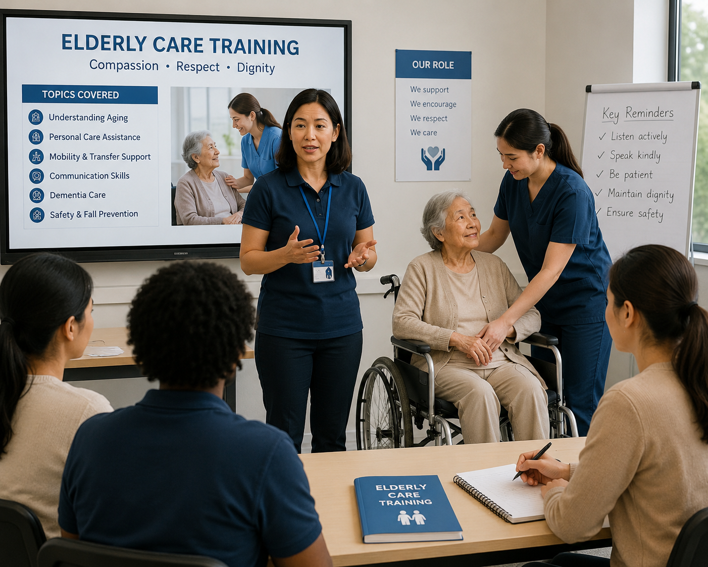 Elderly care training - caregiver helping senior