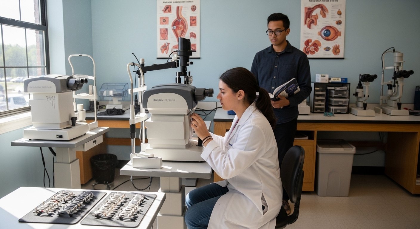 Optometrist performing eye examination with modern equipment