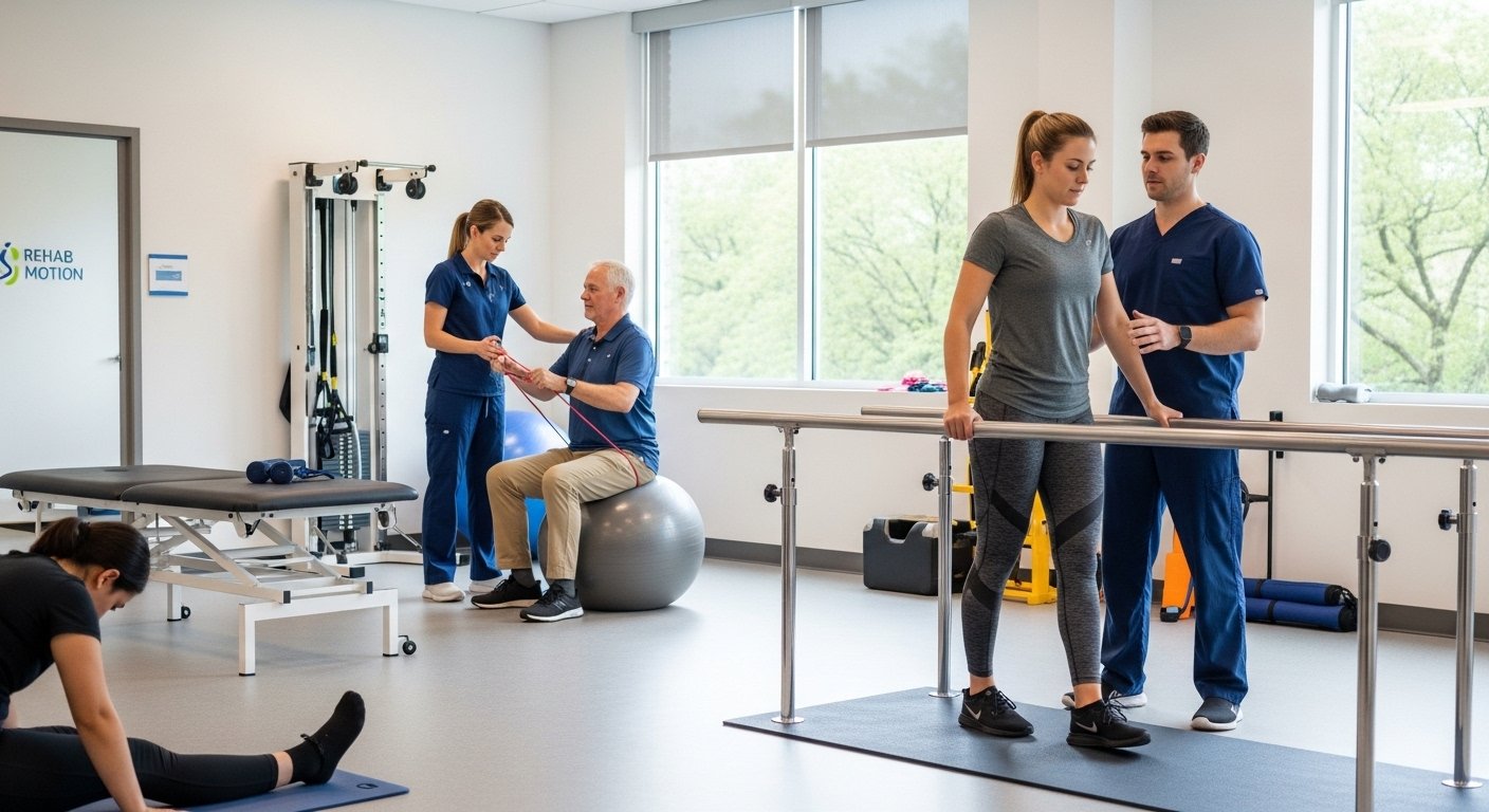 Physiotherapist assisting patient in rehabilitation exercise